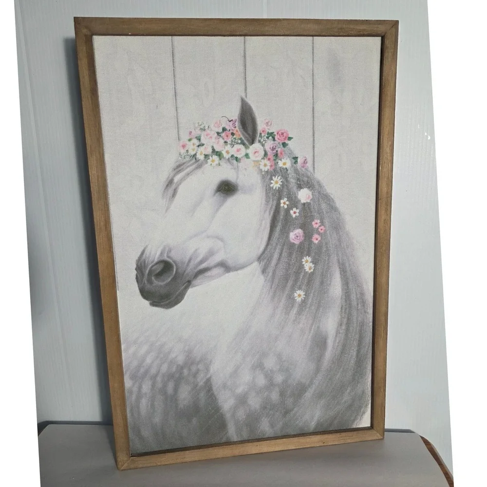 Farmhouse Horse Floral Crown Wall Art Canvas Framed Rustic Decor
